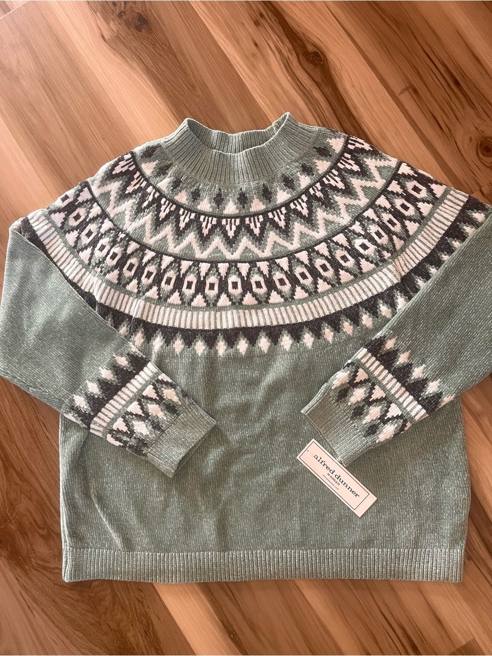 New Alfred Dunner 1X XL Stockbridge Fair Isle Chenille Sweater Soft Sage Green
